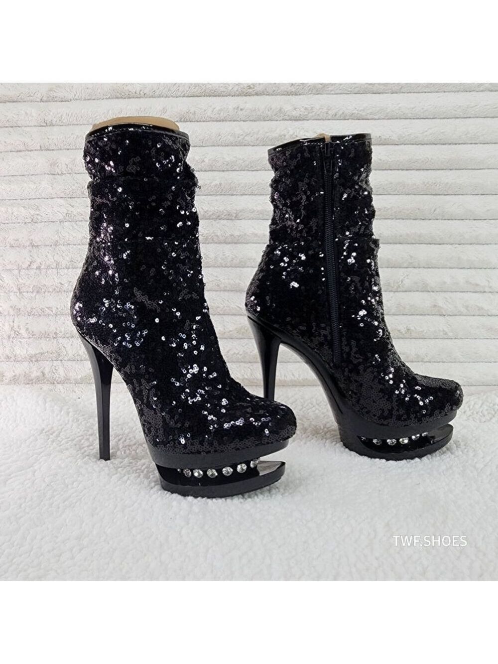 Pleaser Sexy Black Sequin High Heel Slouch Ankle Boots Blondie 1009 - Picture 7 of 8